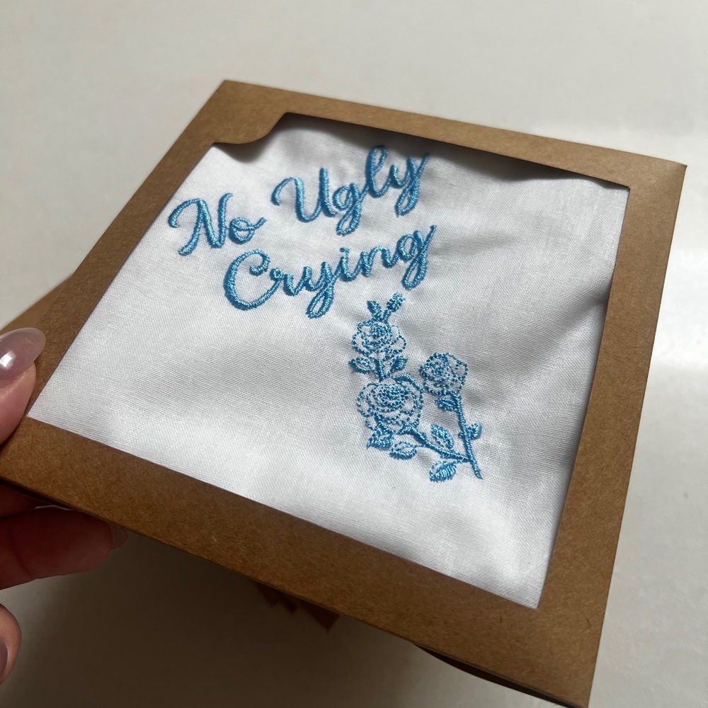 White Handkerchief with Blue Embroidery